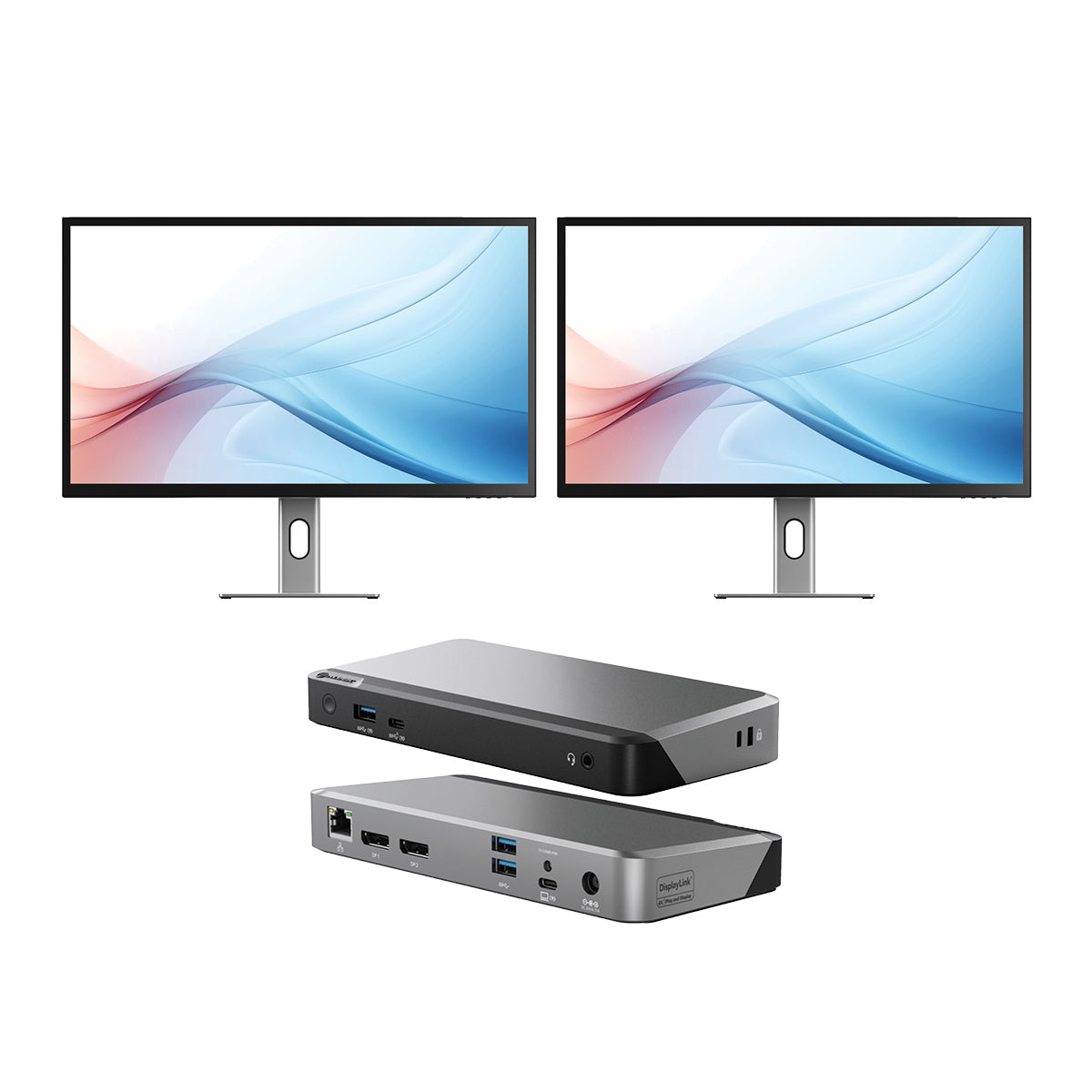 USB-C 전원 공급 기능이 있는 Clarity Max 32인치 UHD 4K 모니터(2개 팩) + DX2 듀얼 4K 디스플레이 범용 도킹 스테이션 – 65W 전원 공급 기능