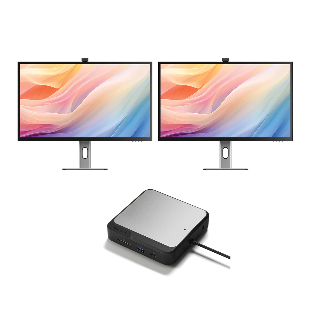 Clarity Max Pro 32인치 UHD 4K 모니터(USB-C 전원 공급 및 웹캠 포함)(2개 팩) + 듀얼 4K 범용 도킹 스테이션 - DisplayPort 에디션