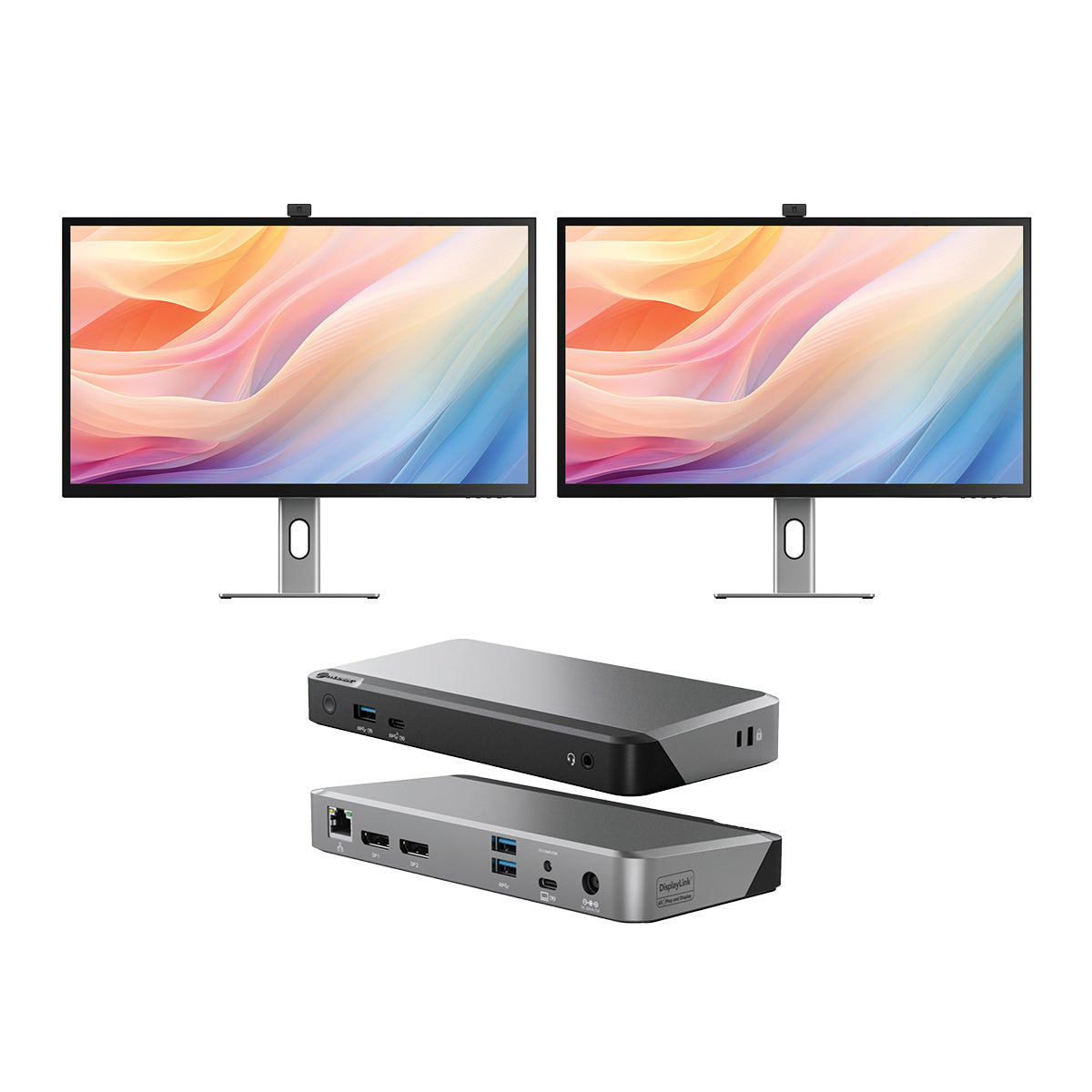 USB-C 전원 공급 및 웹캠 기능을 갖춘 Clarity Max Pro 32인치 UHD 4K 모니터(2개 팩) + 65W 전원 공급 기능이 있는 DX2 듀얼 4K 디스플레이 범용 도킹 스테이션
