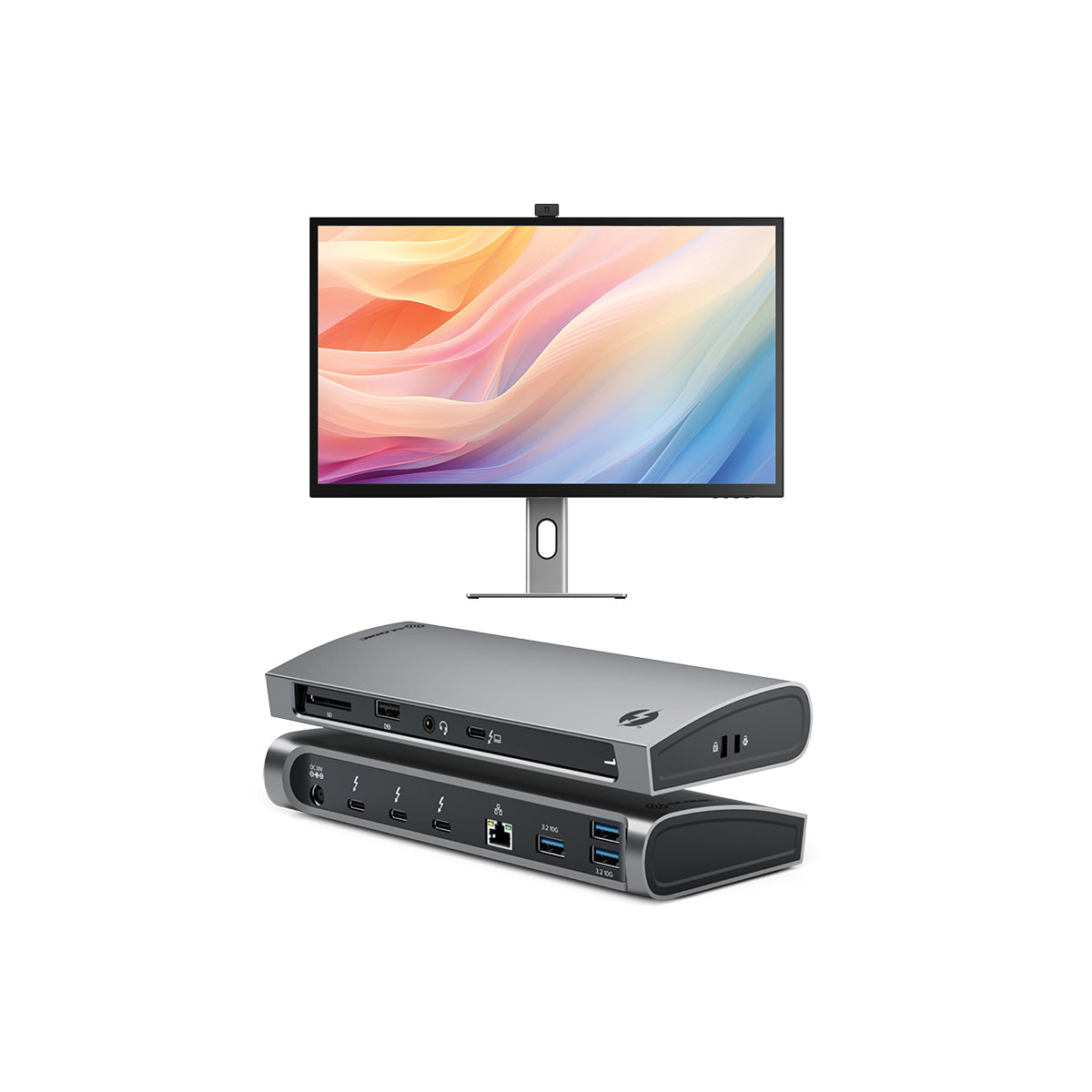 USB-C 전원 공급 및 웹캠 + Thunderbolt 4 BLAZE 도킹 스테이션을 갖춘 Clarity Max Pro 32인치 UHD 4K 모니터